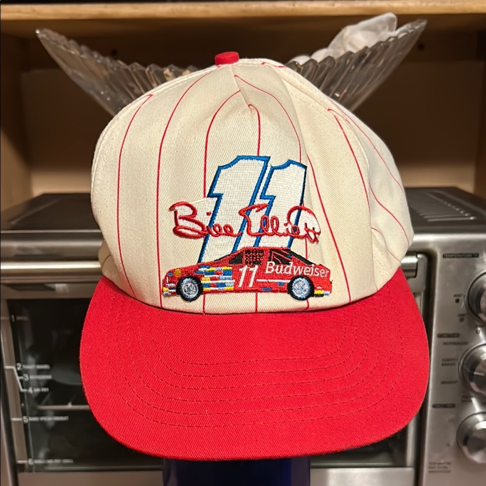 Bill Elliott 11 Budweiser Cap White red pin stripes Red Brim and Embroidered Car